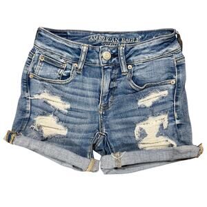 2/$25 American Eagle Next Level Stretch Distressed Midi Medium Wash Denim Shorts